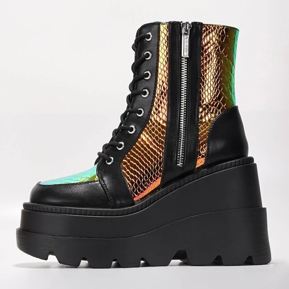 Women's Black Chunky Block Heels Pointed Toe Leather Buckle Strap Retro Boots